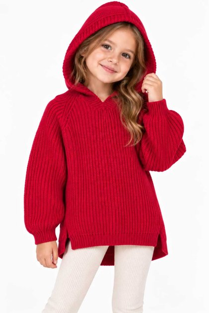 Girl's Hooded Knitted Sweater with Side Slits and Long Back in Thessaloniki Knitwear