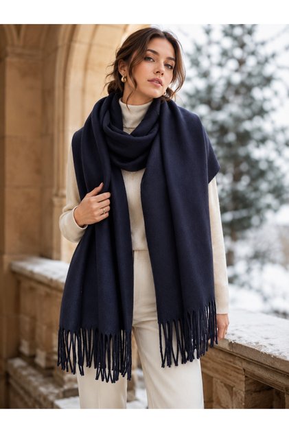 Navy Blue 200X70 cm Women's Soft Textured Tasseled Solid Color Shoulder Shawl Sal1333