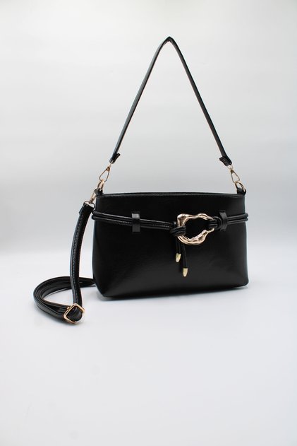 Women's Black Crossbody Bag with Front Buckle Accessory, Zipper Closure, Lining, and Strap for Hand, Arm, and Shoulder Use