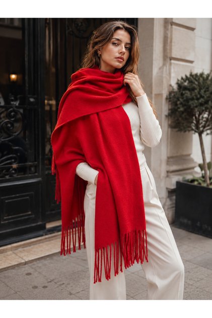 Red 200X70 cm Women's Soft Textured Tasseled Solid Color Shoulder Shawl Sal1333