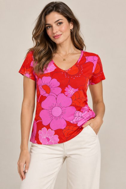Kadın V Yaka Kısa Kollu Büyük Çiçek Desenli Tişört - Kırmızı Pembe Maxi Floral