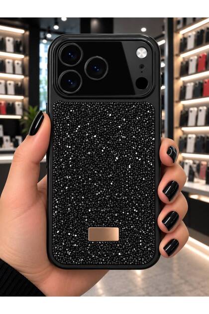 iPhone 17 pro Uyumlu – Elmas Tasarımlı, Siyah Taşlı, Işıltılı Pırlanta Silikon Kılıf