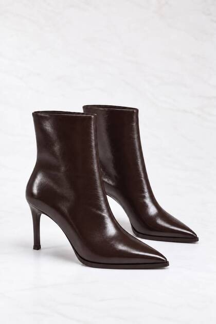 Women's Brown Patent Leather Thin Heel Pointed Toe Ankle Boots