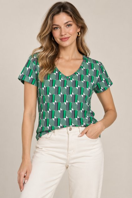 Women's V-Neck Short Sleeve Digital Printed Patterned T-Shirt - Green Geometric
