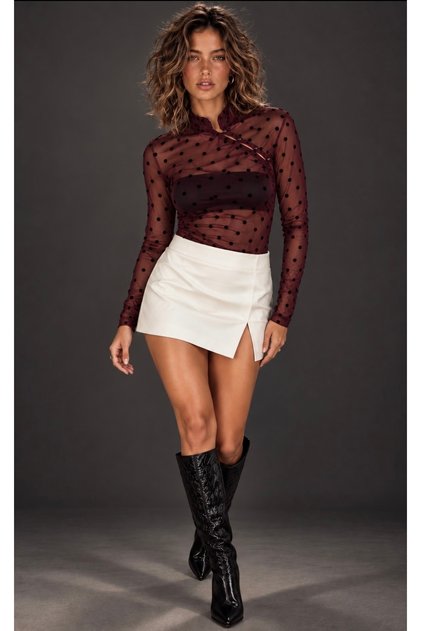 Women's Burgundy Collared Buttoned Polka Dot Tulle Blouse Be529