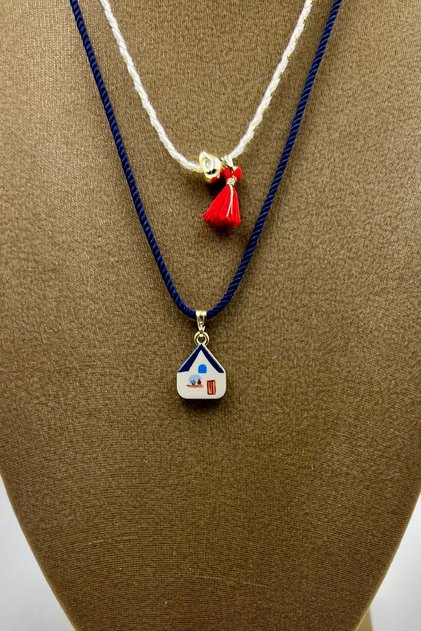 2 Pieces of Enamel Home & Gold Heart Object Tassel Bohemian Style Navy Blue White Glittery Rope Necklace Set