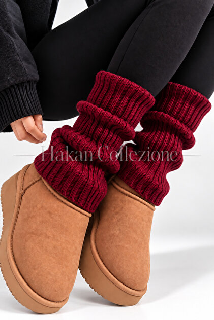 Bordo Yün/Akrilik Triko Örgü Leg Warmer Ayak Isıtıcı Uzun Tozluk Bot Çorabı