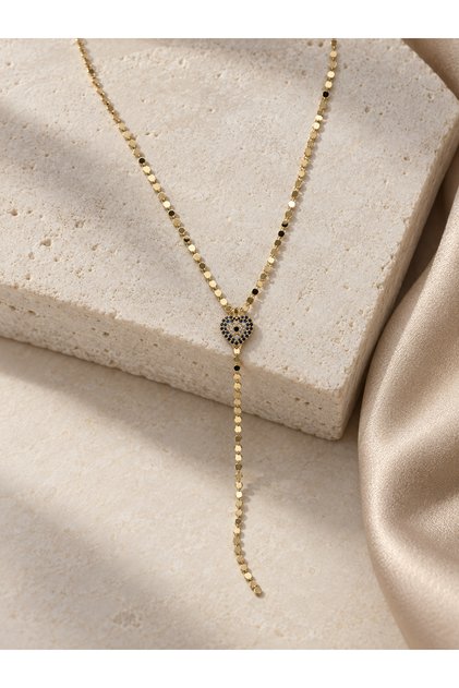 14 K Renginde Kalp Figürlü Nazar Taşlı Pul Zincir Y Kolye 50–55 cm 316L Paslanmaz Çelik Kolye