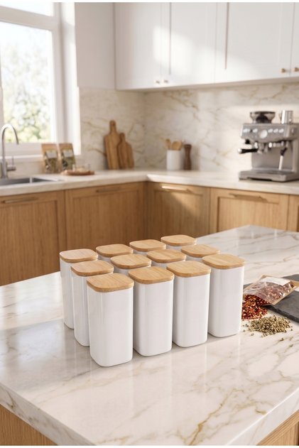 12-Piece 300 ml Vacuumed Bamboo Wooden Lid White Glass-Looking Acrylic Spice Jar Set | Label with Gift | Kitchen Organizer