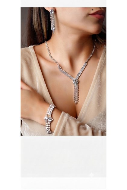 Crystal Silver Black Stone Necklace Earring Bracelet Set