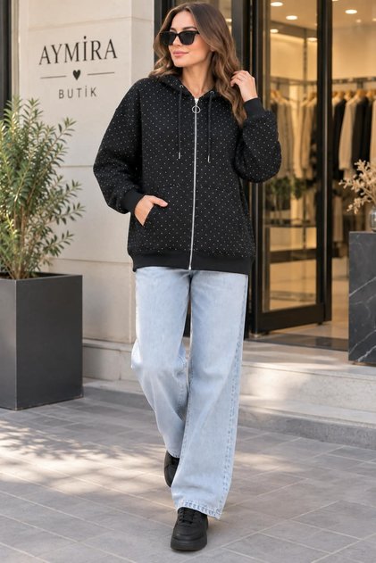 Women's Black Stone Detailed Hooded Sweatshirt with Pockets Casual Sports Top 3 Yarns