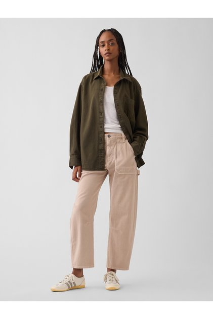 Kadın Bej Mid Rise Barrel Utility Ankle Pantolon