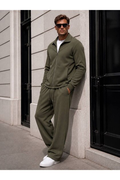 Crepe fabric, lightweight zippered shirt collar, baggy trousers, top and bottom set.