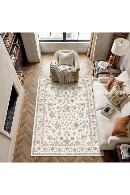 سجادة غرفة معيشة PureCozy 120×170 سم بنقشة زهور سوداء قابلة للغسل، سجاد كبير غير قابل للانزلاق لغرفة النوم