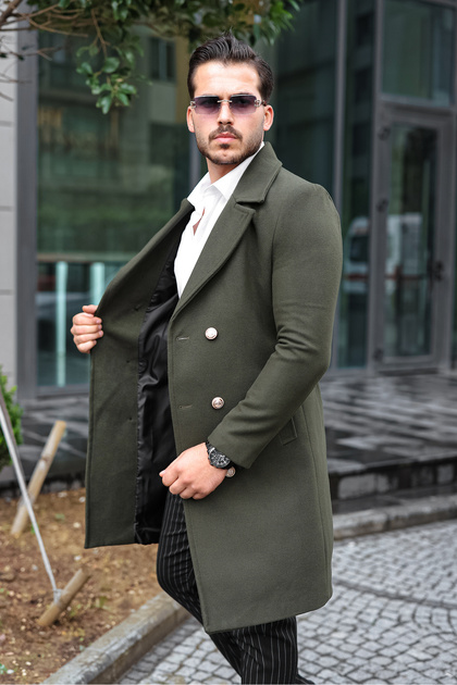 Khaki Men's Gold Buttoned Belted Double-Breasted Cashmere Coat