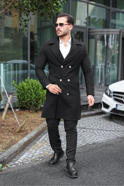 Black Men's Double-Breasted Cashmere Coat with Gold Buttons and Belt