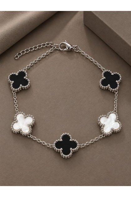 316L Steel Silver Color Black and White Clover Model Women's Bracelet