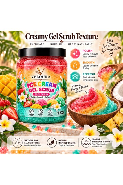 ICE CREAM LAYERED GEL SCRUB 1KG – MULTI-FLAVOR EXFOLIATING BODY SCRUB FOR HANDS, FEET & BODY