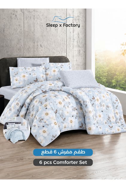 طقم لحاف مكون من 6 قطع لسرير مقاس 200×200 سم، لحاف مطبوع مقاس 240×260 سم مع شرشف مطاطي، و2 غطاء وسادة و2 غطاء وسادة إضافي