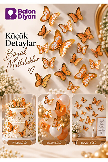 20'li Turuncu Gold Kelebek Süs – Pasta Süsü, Balon Süsü ve Duvar Dekoru