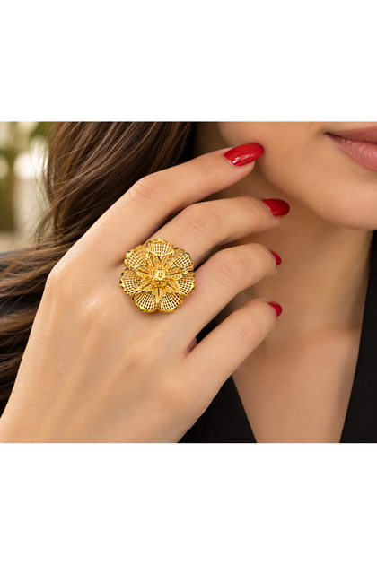 22 AYAR ALTIN KAPLAMA EL YAPIMI AYARLANABİLİR ÇİÇEK TASARIM YÜZÜK