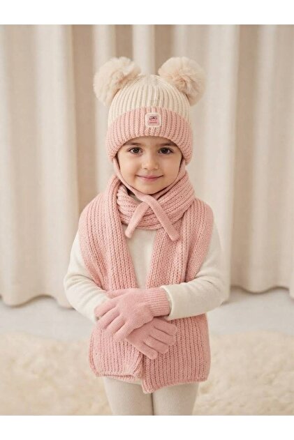 1-4 Years Old Baby Girl & Child Scarf, Beanie, Gloves 3-Piece Set