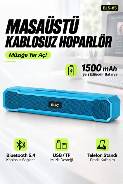BLS-85 Bluetooth 5.4 Masaüstü Soundbar Hoparlör Mavi, Telefon Standlı, 1500 mAh Şarjlı, USB ve