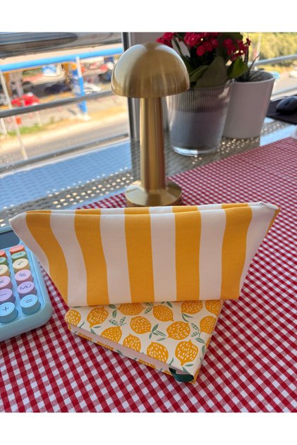 Sari Striped Linen Fabric Pencil Case - Makeup Bag - Pencil Case