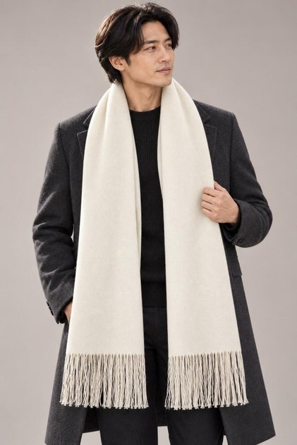 Unisex Tasseled Soft Textured White Shawl Scarf, Men's Winter Neck Scarf, Gift for Men, 45X200Cm