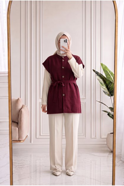 Mihra Crew Neck Buttoned Tie-Up Vest-Kr6022 Claret Red