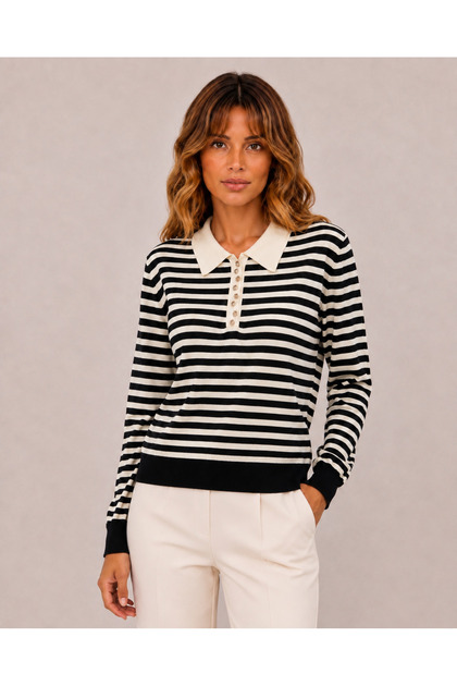 Women's Striped Polo Collar Knit Sweater 27K12303-99
