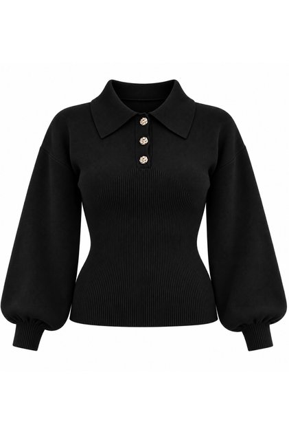Women's Polo Collar Gold Button Detailed Balloon Sleeve Ribbed Knitwear Blouse T7012