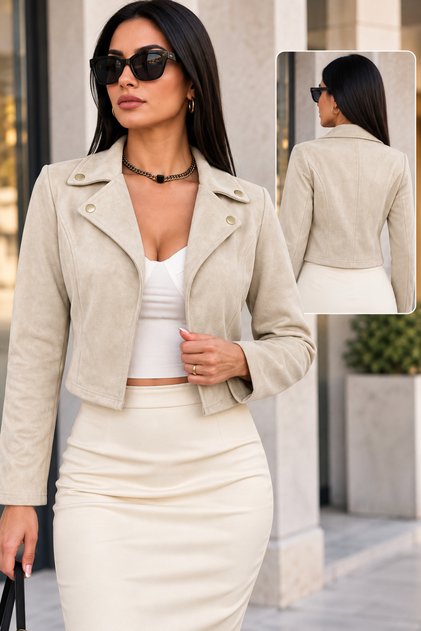 Women's Biker Collar Button Detailed Short Suede Jacket