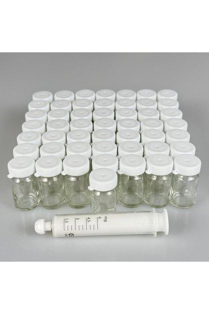 50 ADET KAPAKLI MİNİK CAM ŞİŞE (6 ML) + KOLAY DOLUM ŞIRINGASI SETİ - ARI SÜTÜ, YAĞ NUMUNESİ, ESANS VB İÇİN CAM ŞİŞELER