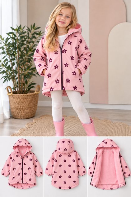 Kız Çocuk Çiçek Desenli Peluş Astarlı Yağmurluk – Kapüşonlu Fermuarlı Pembe Yağmurluk