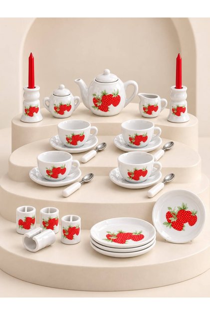 Şaze Shop 29 Parça Porselen Oyuncak Çay Seti Desenli Mini Mutfak Evcilik Seti 3+ Yaş