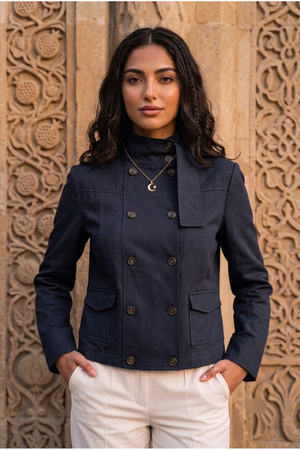 Kadın Gabardin Dik Yaka Çift Düğmeli Kısa Ceket Mont - Slim Fit Kruvaze Ceket
