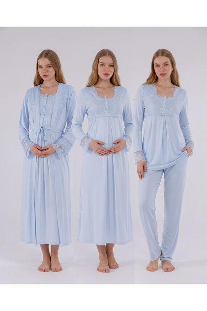 New Season Blue Lace Detailed Long Sleeve 4-Piece Maternity and Postpartum Pajamas, Nightgown and Dressing Gown Set