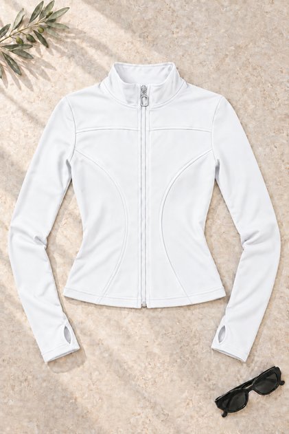 Women's Stand Collar Scuba Fabric Zippered Slim Fit Sweatshirt with Finger Loop