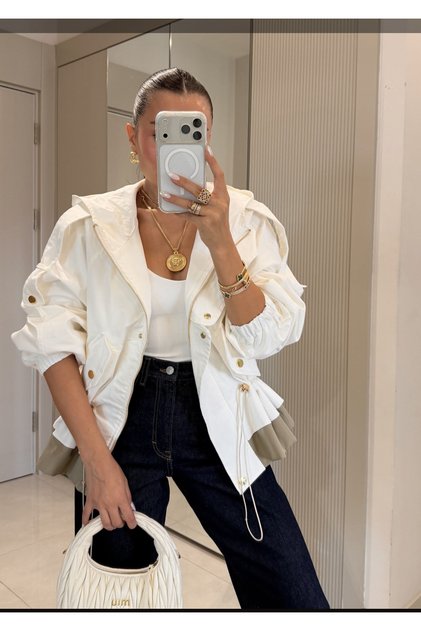 Premium Gabardin Beli Büzgülü Kapüşonlu Ceket
