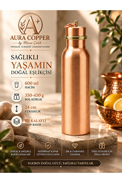 Copper Flask 600 ml – Handmade Water Bottle with Tin Inside and Leak-Proof Lid