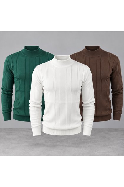 Yarım Balıkçı Çizgili Triko Kazak 3'lü Paket – Beyaz / Kahverengi / Yeşil