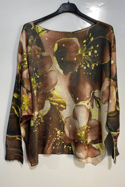 Women's Italian Multi-Colored Patterned Printed Long Sleeve Mercerized Blouse Sweater