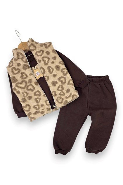 Girl's Winter 3-Strand Ruffled 9-12-18-24-36 Months Heart Detailed Welsoft Vest 3-Piece Stylish Bottom and Top Set