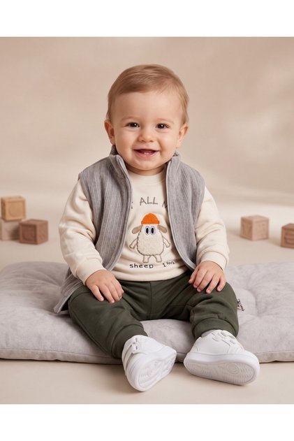 Baby Boy Winter 3-Strand Hooded 9-12-18-24-36 Months Stylish 3-Piece Set with Dog Detail Vest