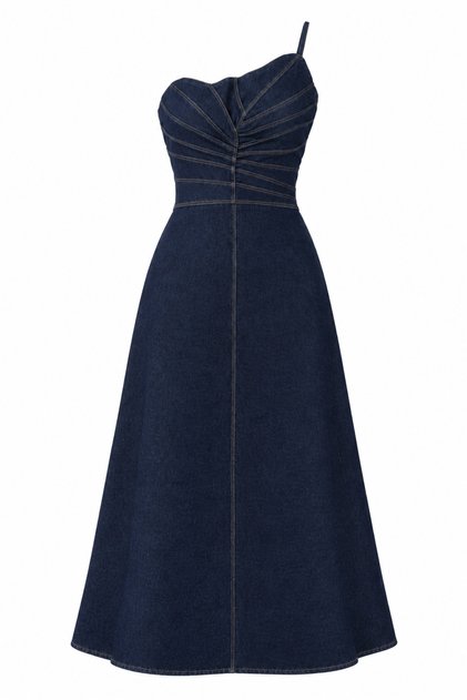 Tek omuz askılı midi denim elbise