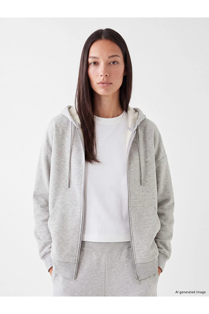 Gray Hooded Women's Thick Zippered Sweatshirt