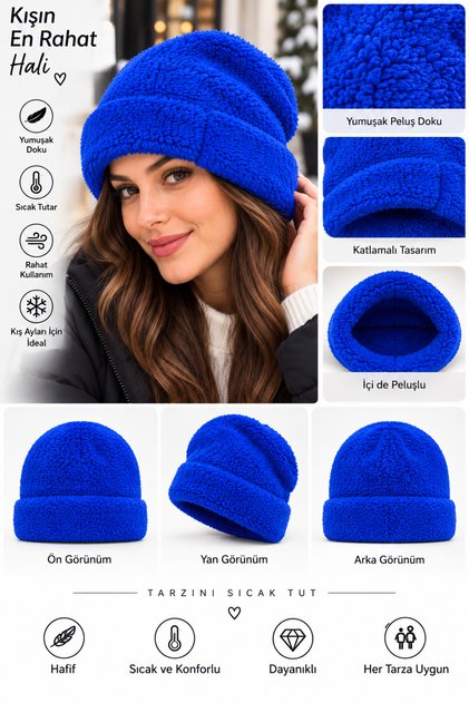 Saks Mavi Peluş Kışlık Bere