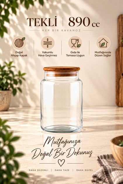 Sora Single Wooden Vacuum Lid Glass Grain Storage Jar Natural 890 Cc, Food Storage Container