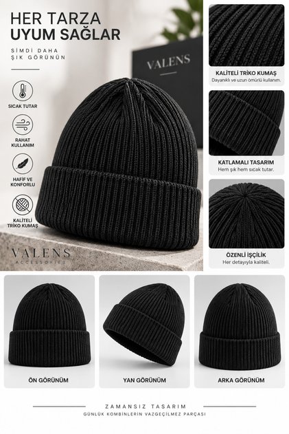 Siyah Unisex Triko Katlamalı Kışlık Bere